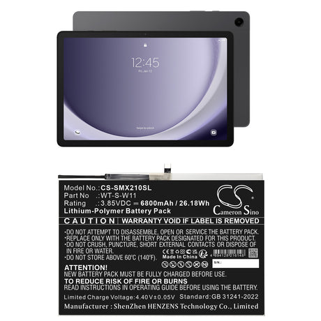3.85V, Li-Polymer, 6800mAh, Tablet battery fits Samsung, Wt-s-w11, Galaxy Tab A9+ 5g 11, Sm-x210, 26.18Wh Tablet Cameron Sino Technology Limited