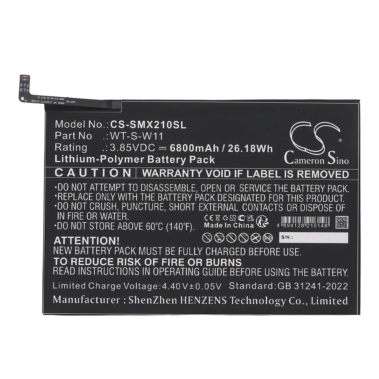 3.85V, Li-Polymer, 6800mAh, Tablet battery fits Samsung, Wt-s-w11, Galaxy Tab A9+ 5g 11, Sm-x210, 26.18Wh Tablet Cameron Sino Technology Limited