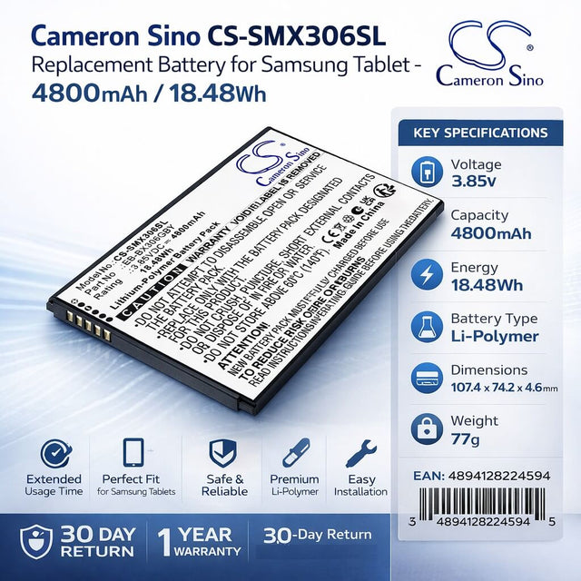 3.85V, Li-Polymer, 4800mAh, Tablet battery fits Samsung, EB-BX306GBY, Galaxy Tab Active 5 (WiFi), Galaxy Tab Active 5 5G, 18.48Wh Tablet Cameron Sino Technology Limited