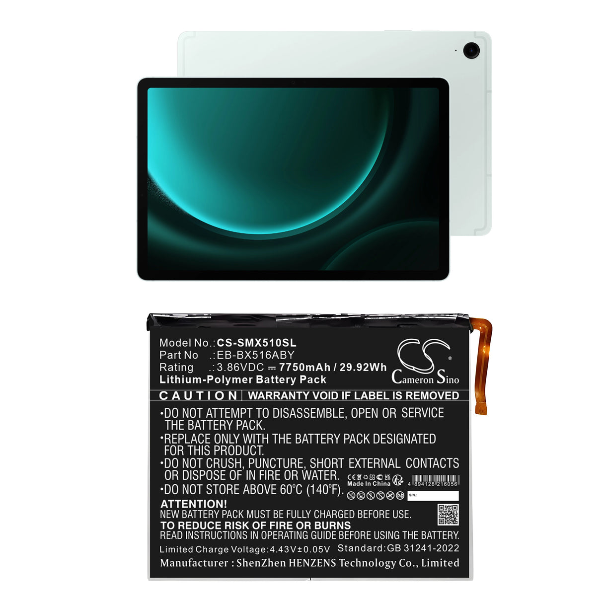 3.86V, Li-Polymer, 7750mAh, Tablet battery fits Samsung, Eb-bx516aby, Galaxy Tab S9 Fe, Sm-x510, 29.92Wh Tablet Cameron Sino Technology Limited