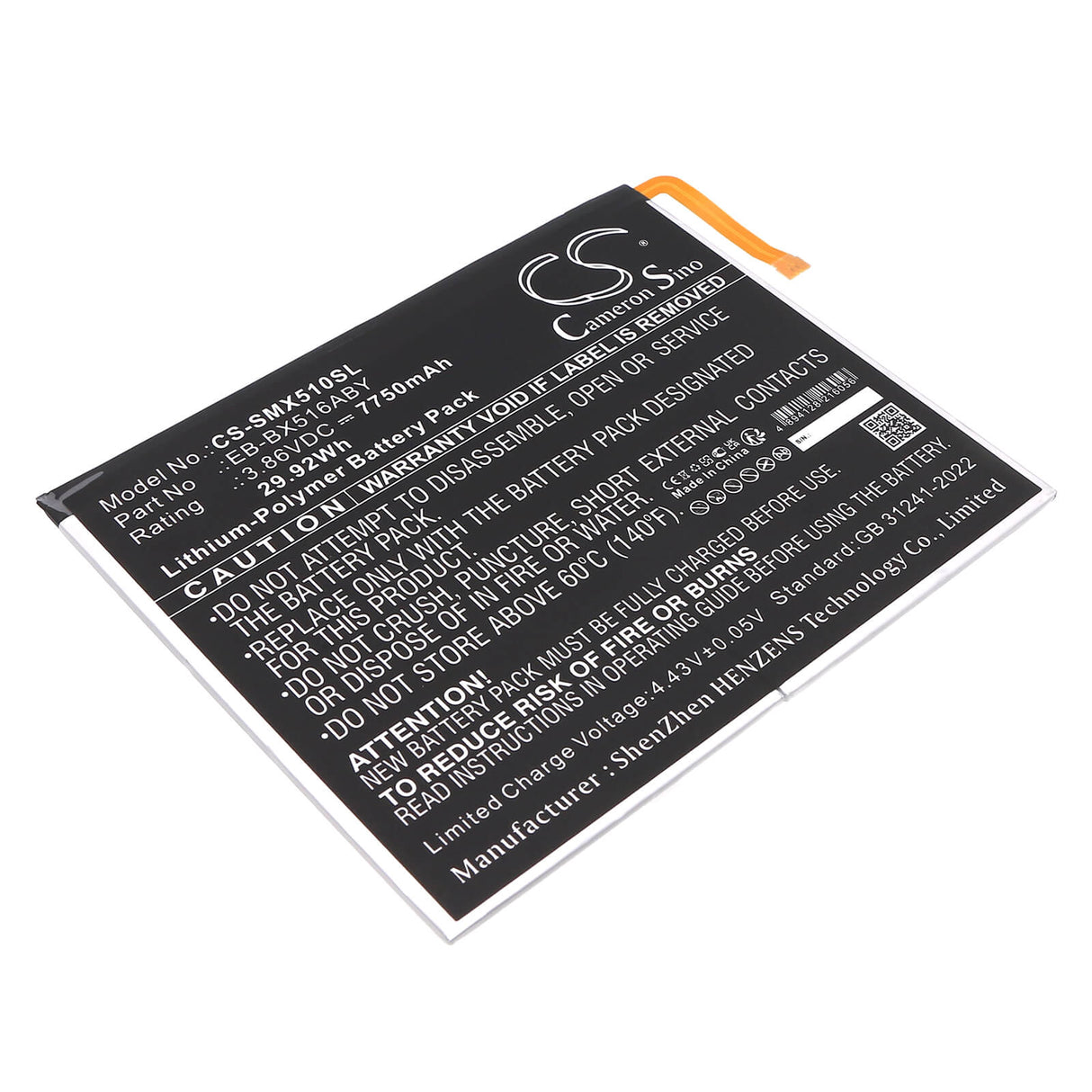 3.86V, Li-Polymer, 7750mAh, Tablet battery fits Samsung, Eb-bx516aby, Galaxy Tab S9 Fe, Sm-x510, 29.92Wh Tablet Cameron Sino Technology Limited