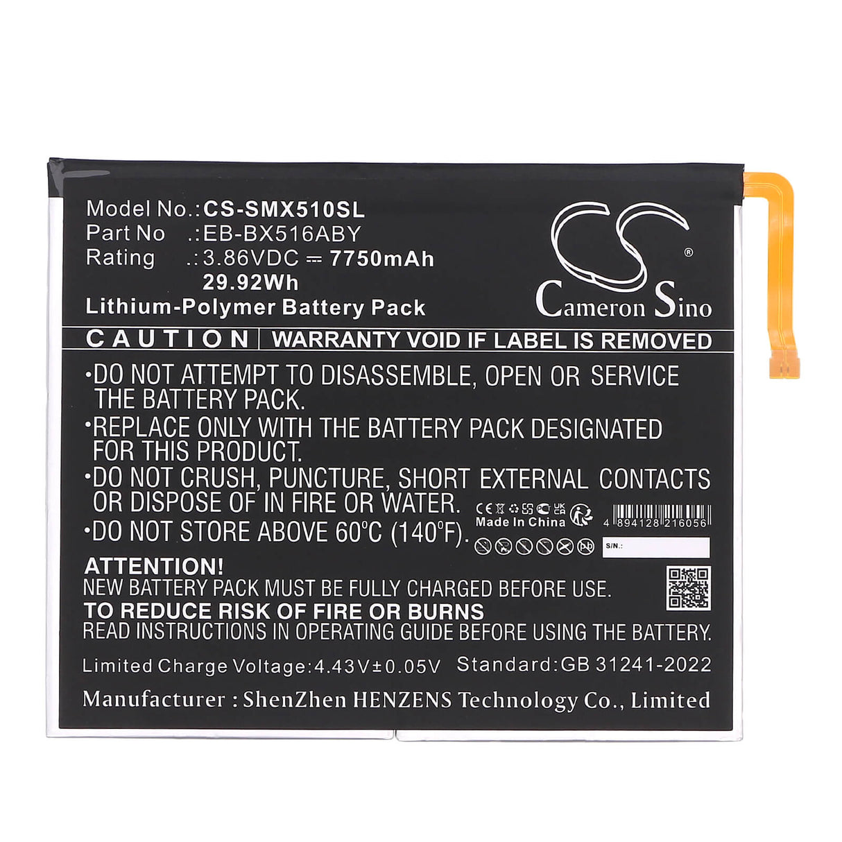 3.86V, Li-Polymer, 7750mAh, Tablet battery fits Samsung, Eb-bx516aby, Galaxy Tab S9 Fe, Sm-x510, 29.92Wh Tablet Cameron Sino Technology Limited