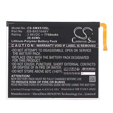 3.86V, Li-Polymer, 7750mAh, Tablet battery fits Samsung, Eb-bx516aby, Galaxy Tab S9 Fe, Sm-x510, 29.92Wh Tablet Cameron Sino Technology Limited