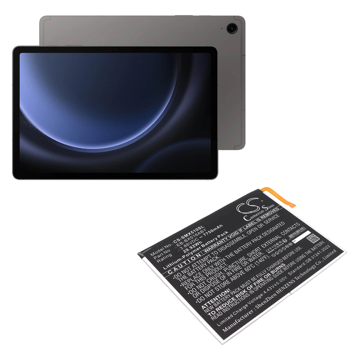 3.86V, Li-Polymer, 7750mAh, Tablet battery fits Samsung, Eb-bx516aby, Galaxy Tab S9 Fe, Sm-x510, 29.92Wh Tablet Cameron Sino Technology Limited