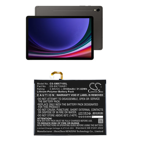 3.88V, Li-Polymer, 8150mAh, Tablet battery fits Samsung, Eb-bx716aby, Galaxy Tab S9, Sm-x710, 31.62Wh Tablet Cameron Sino Technology Limited