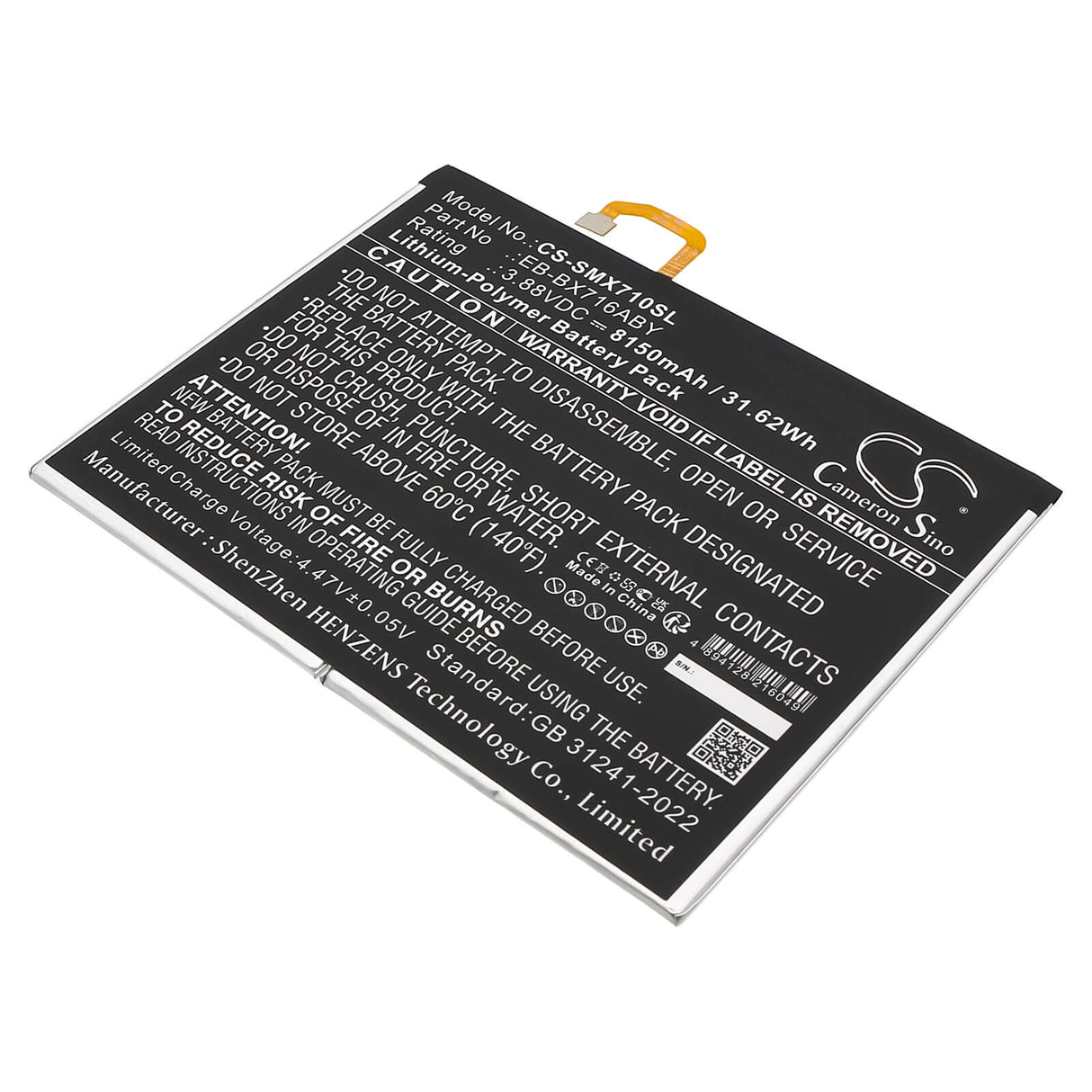 3.88V, Li-Polymer, 8150mAh, Tablet battery fits Samsung, Eb-bx716aby, Galaxy Tab S9, Sm-x710, 31.62Wh Tablet Cameron Sino Technology Limited
