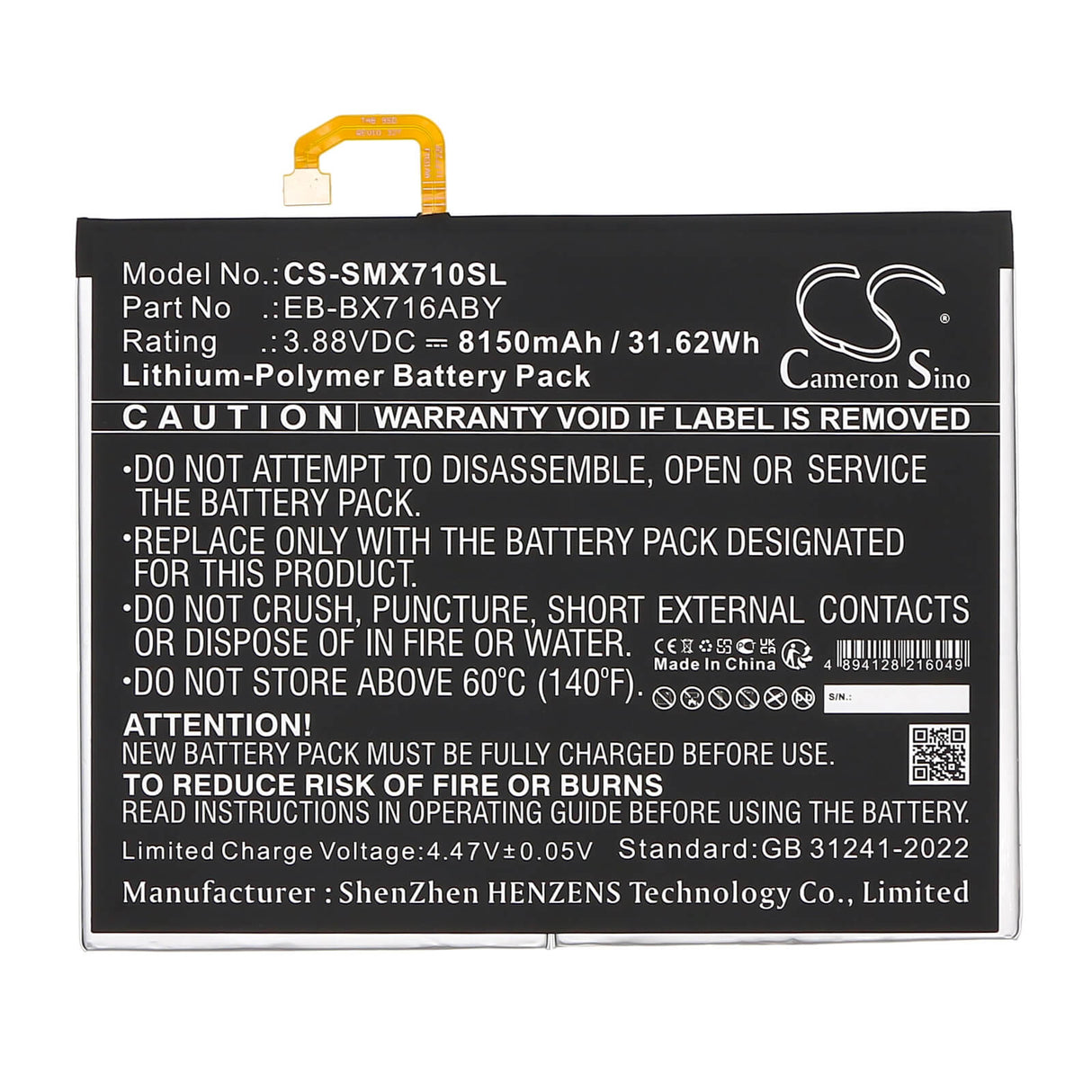 3.88V, Li-Polymer, 8150mAh, Tablet battery fits Samsung, Eb-bx716aby, Galaxy Tab S9, Sm-x710, 31.62Wh Tablet Cameron Sino Technology Limited