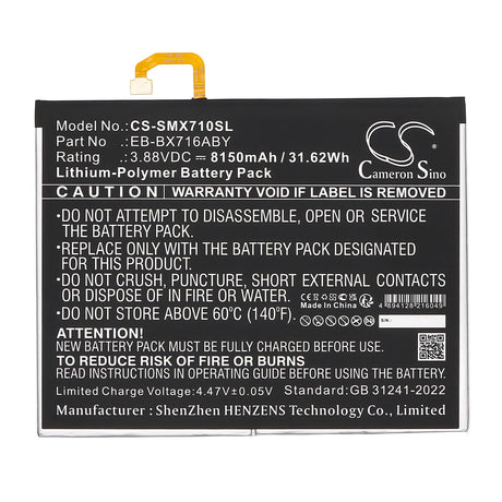 3.88V, Li-Polymer, 8150mAh, Tablet battery fits Samsung, Eb-bx716aby, Galaxy Tab S9, Sm-x710, 31.62Wh Tablet Cameron Sino Technology Limited