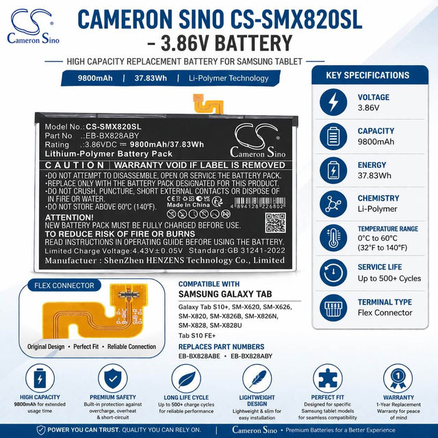 3.86V, Li-Polymer, 9800mAh, Tablet battery fits Samsung, EB-BX828ABE, Galaxy Tab S10+, SM-X620, 37.83Wh Tablet Cameron Sino Technology Limited