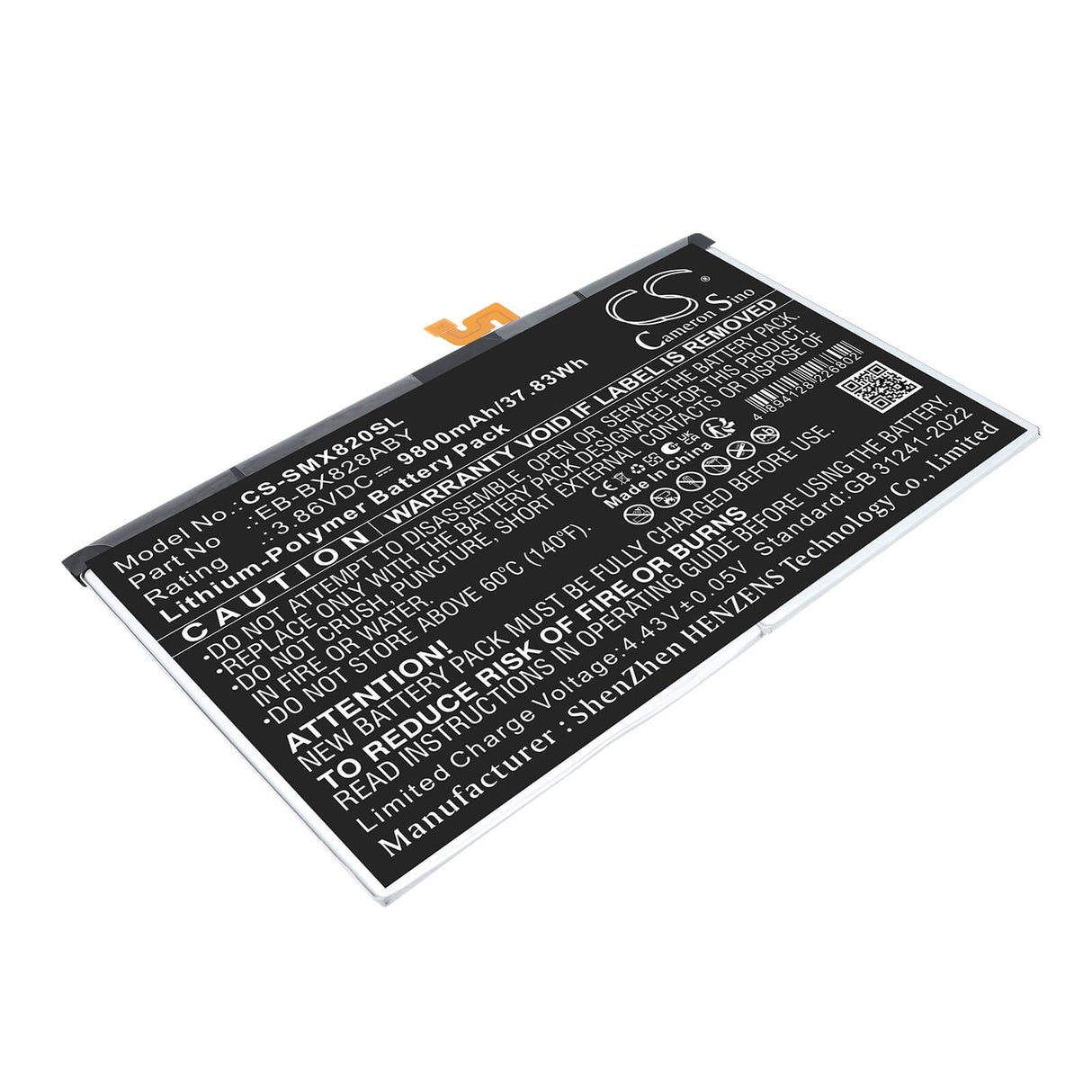 3.86V, Li-Polymer, 9800mAh, Tablet battery fits Samsung, EB-BX828ABE, Galaxy Tab S10+, SM-X620, 37.83Wh Tablet Cameron Sino Technology Limited