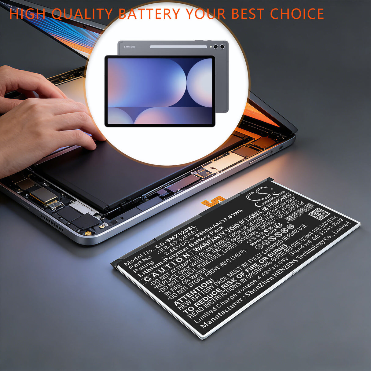 3.86V, Li-Polymer, 9800mAh, Tablet battery fits Samsung, EB-BX828ABE, Galaxy Tab S10+, SM-X620, 37.83Wh Tablet Cameron Sino Technology Limited
