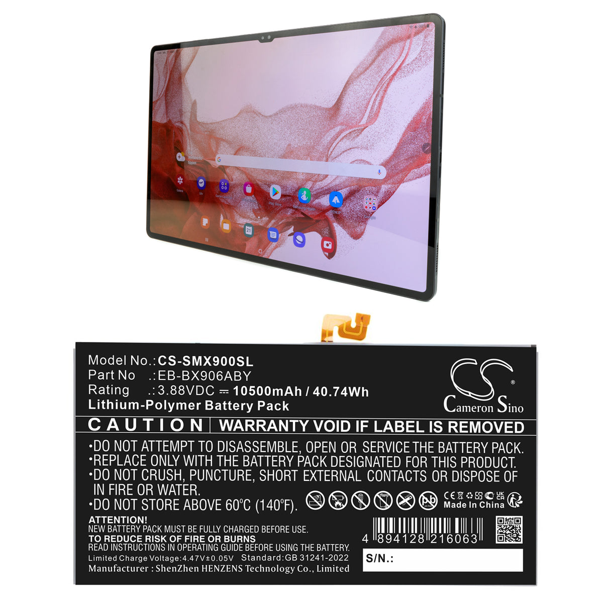 3.88V, Li-Polymer, 10500mAh, Tablet battery fits Samsung, Eb-bx906aby, Galaxy Tab S8 Ultra, Sm-x900, 40.74Wh Tablet Cameron Sino Technology Limited