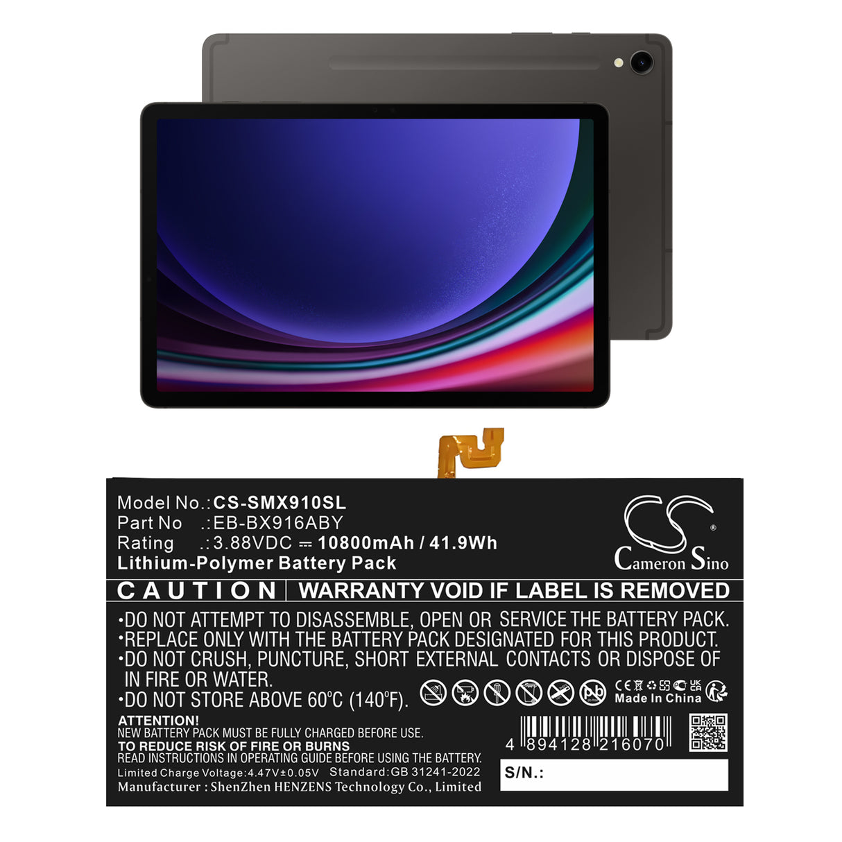 3.88V, Li-Polymer, 10800mAh, Tablet battery fits Samsung, Eb-bx916aby, Galaxy Tab S9 Ultra, Sm-x910, 41.9Wh Tablet Cameron Sino Technology Limited
