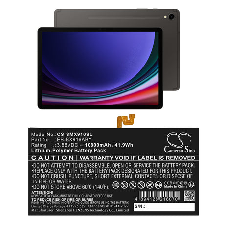 3.88V, Li-Polymer, 10800mAh, Tablet battery fits Samsung, Eb-bx916aby, Galaxy Tab S9 Ultra, Sm-x910, 41.9Wh Tablet Cameron Sino Technology Limited