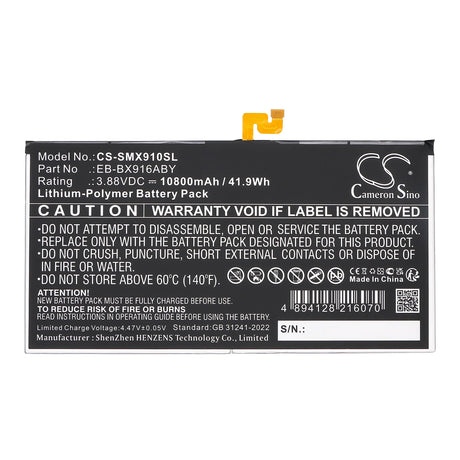 3.88V, Li-Polymer, 10500mAh, Tablet battery fits Samsung, Eb-bx906aby, Galaxy Tab S8 Ultra, Sm-x900, 40.74Wh Tablet Cameron Sino Technology Limited