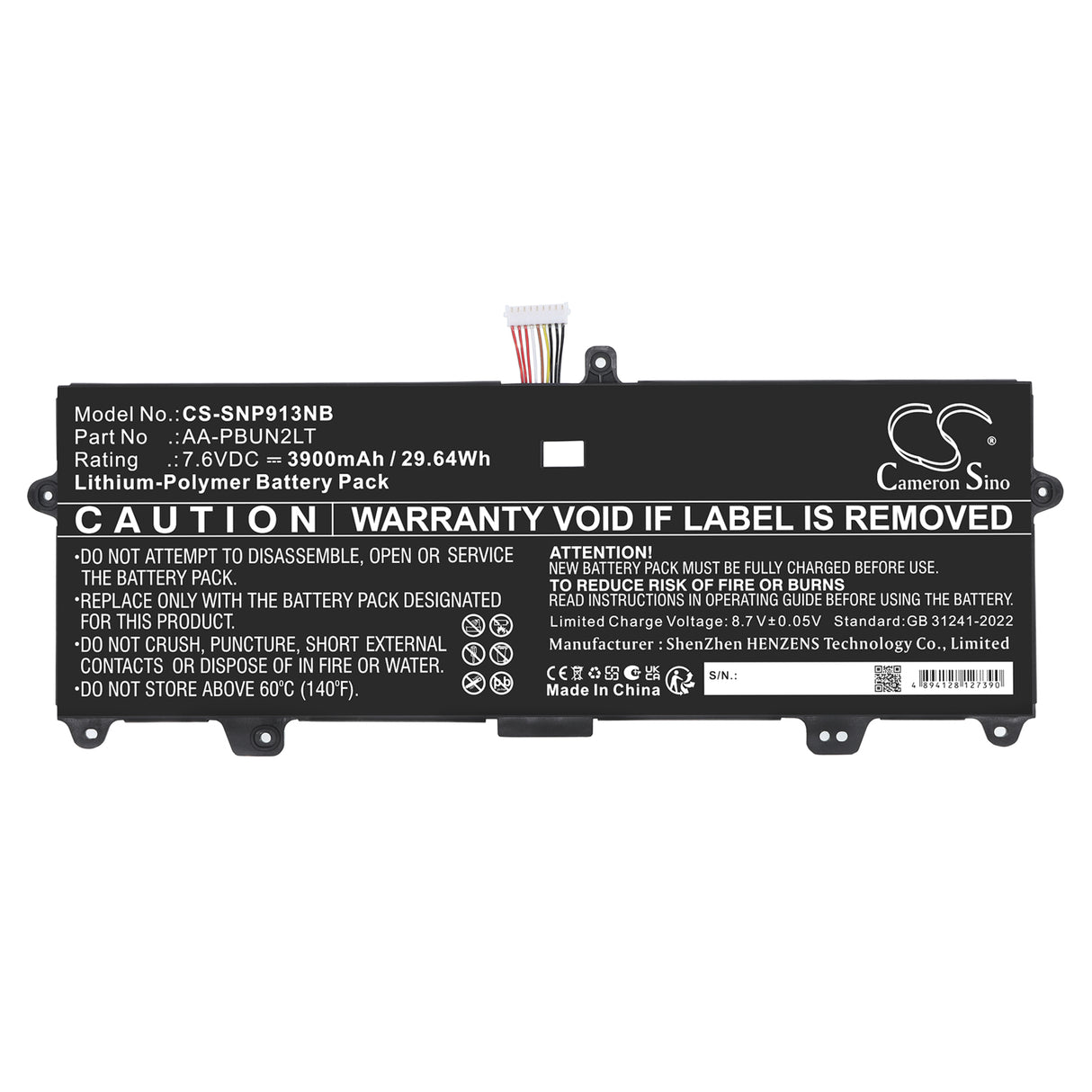 7.6V, Li-Polymer, 3900mAh, Notebook, Laptop battery fits Samsung, AA-PBUN2LT, Notebook 9 13.3", NP900X3L, 29.64Wh Notebook, Laptop Cameron Sino Technology Limited