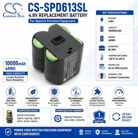 4.8V, Ni-MH, 10000mAh, Equipment battery fits Spectra Precision, 2414-3001, DG613, Dg613g, 48Wh Equipment, Survey, Test Cameron Sino Technology Limited