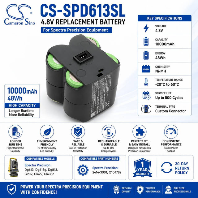 4.8V, Ni-MH, 10000mAh, Equipment battery fits Spectra Precision, 2414-3001, DG613, Dg613g, 48Wh Equipment, Survey, Test Cameron Sino Technology Limited