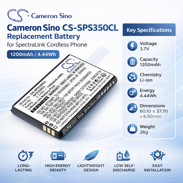 3.7V, Li-ion, 1200mAh, Cordless Phone battery fits SpectraLink, 84743432, S35 DECT Handset, S37 S35 DECT Handset, 4.44Wh Cordless Phone Cameron Sino Technology Limited