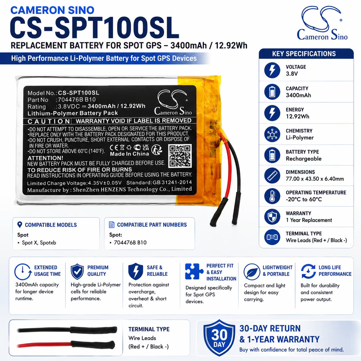 Spot X Battery Replacement 704476B B10 3400mAh 3.8V GPS, Navigator Cameron Sino Technology Limited