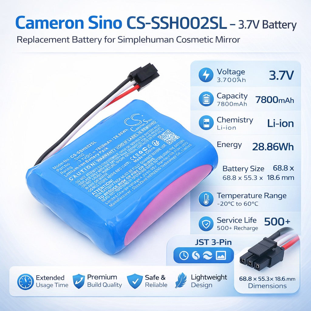 3.7V, Li-ion, 7800mAh, Cosmetic Mirror battery fits Simplehuman, SH02, ST3007, ST3011, 28.86Wh Cosmetic Mirror Cameron Sino Technology Limited