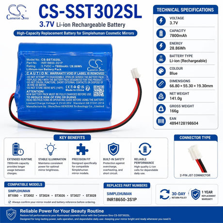 3.7V, Li-ion, 7800mAh, Cosmetic Mirror Battery fits Simplehuman, Bt1080, St3024, ST3002, 28.86Wh Cosmetic Mirror Cameron Sino Technology Limited
