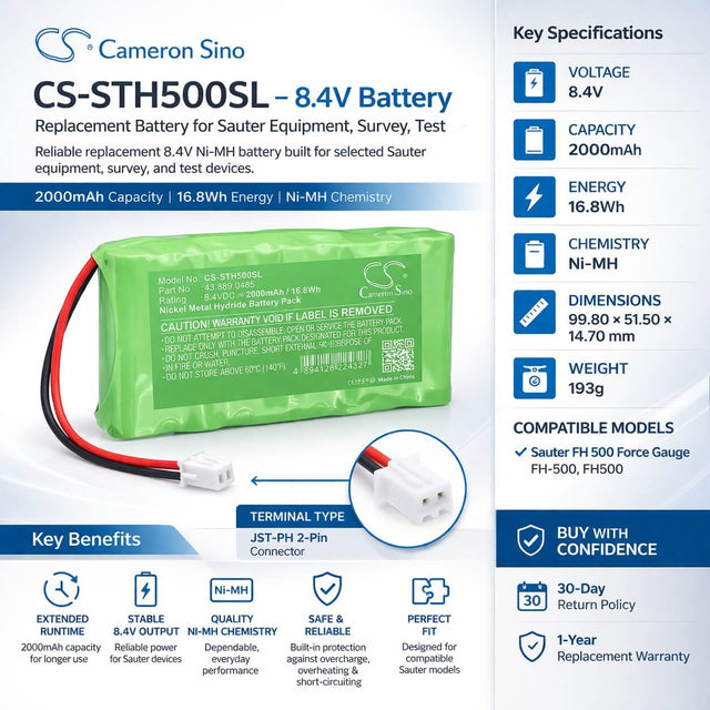 8.4V, Ni-MH, 2000mAh, Equipment, Survey, Test battery fits Sauter, 43.889.0485, FH 500, FH 500 Force Gauge, 16.8Wh Equipment, Survey, Test Cameron Sino Technology Limited