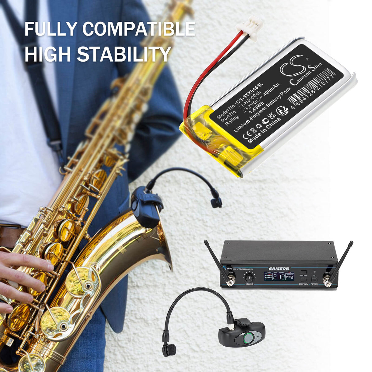 3.7V, Li-Polymer, 400mAh, Wireless Headset battery fits Samson, 1-hj00046, Atx Wireless Transmitter, 1.48Wh Wireless Headset Cameron Sino Technology Limited