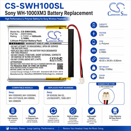 Headset Battery For Sony, Wh-1000xm3 3.7v, 1000mah - 3.70wh Wireless Headset Cameron Sino Technology Limited