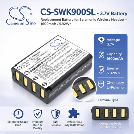 3.7V, Li-Polymer, 1600mAh, Wireless Headset battery fits Saramonic, WiTalk9 BP, 11601, WiTalk9 Intercom Headset, 5.92Wh Wireless Headset Cameron Sino Technology Limited