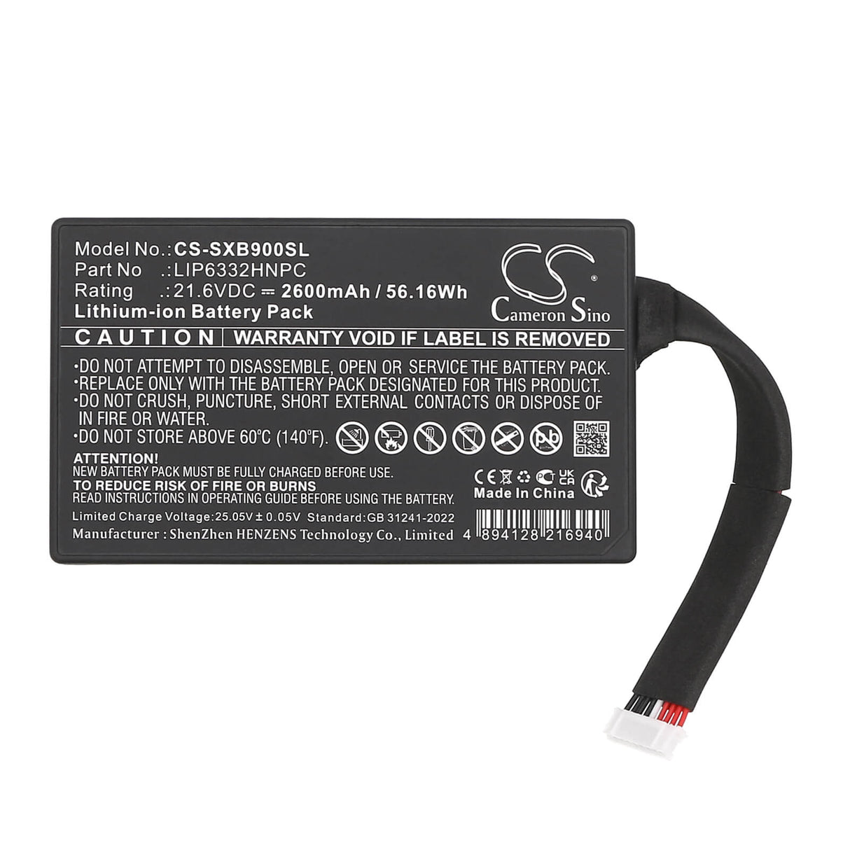 21.6V, Li-ion, 2600mAh, Speaker battery fits Sony, 1-853-679-11, GTK-XB90, 56.16Wh Speaker Cameron Sino Technology Limited