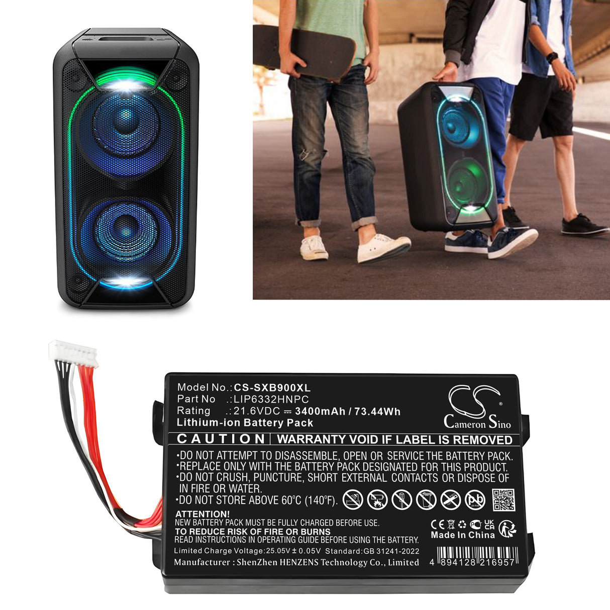 21.6V, Li-ion, 3400mAh, Speaker battery fits Sony, 1-853-679-11, GTK-XB90, 73.44Wh Speaker Cameron Sino Technology Limited