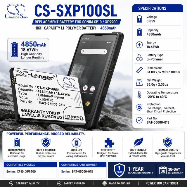 3.85V, Li-Polymer, 4850mAh, SmartPhone battery fits Sonim, Bat-05000-01s, Xp10, Xp9900, 18.67Wh Mobile, SmartPhone Cameron Sino Technology Limited (Smartphone)