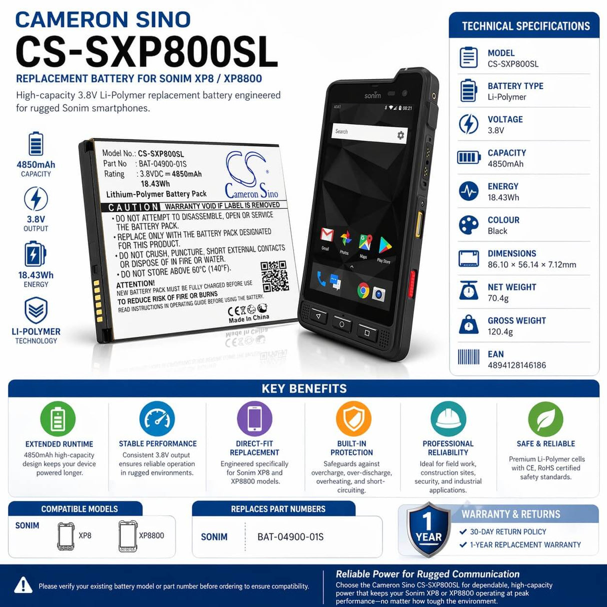 Smartphone battery For Sonim, Xp8, Xp8800 3.8v, 4850mah - 18.43wh Mobile, SmartPhone Cameron Sino Technology Limited