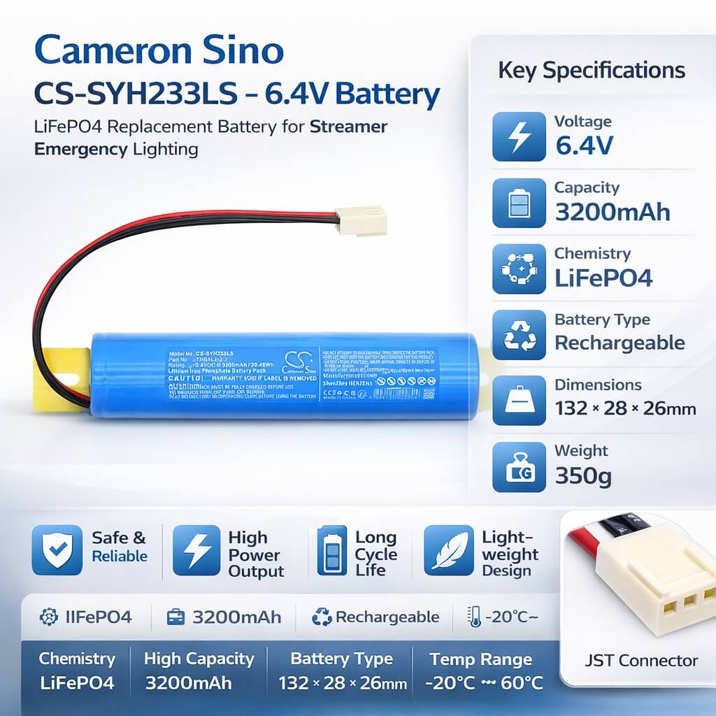 6.4V, LiFePO4, 3200mAh, Emergency Lighting battery fits Streamer, YHBAL2-3.3, YHBAL2-3.3, 20.48Wh Emergency Lighting Cameron Sino Technology Limited