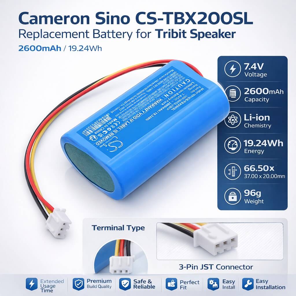 7.4V, Li-ion, 2600mAh, Speaker battery fits Tribit, INR18650-2S1P, Stormbox Bluetooth Speaker, XSound Plus 2 Bluetooth Speaker, 19.24Wh Speaker Cameron Sino Technology Limited