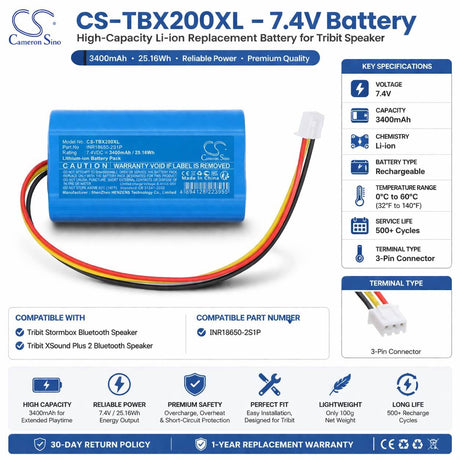 7.4V, Li-ion, 3400mAh, Speaker battery fits Tribit, INR18650-2S1P, Stormbox Bluetooth Speaker, XSound Plus 2 Bluetooth Speaker, 25.16Wh Speaker Cameron Sino Technology Limited