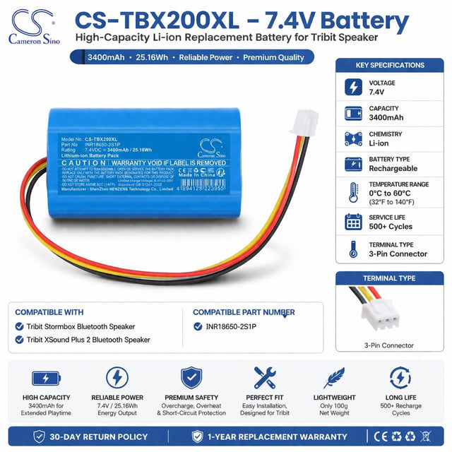 7.4V, Li-ion, 3400mAh, Speaker battery fits Tribit, INR18650-2S1P, Stormbox Bluetooth Speaker, XSound Plus 2 Bluetooth Speaker, 25.16Wh Speaker Cameron Sino Technology Limited