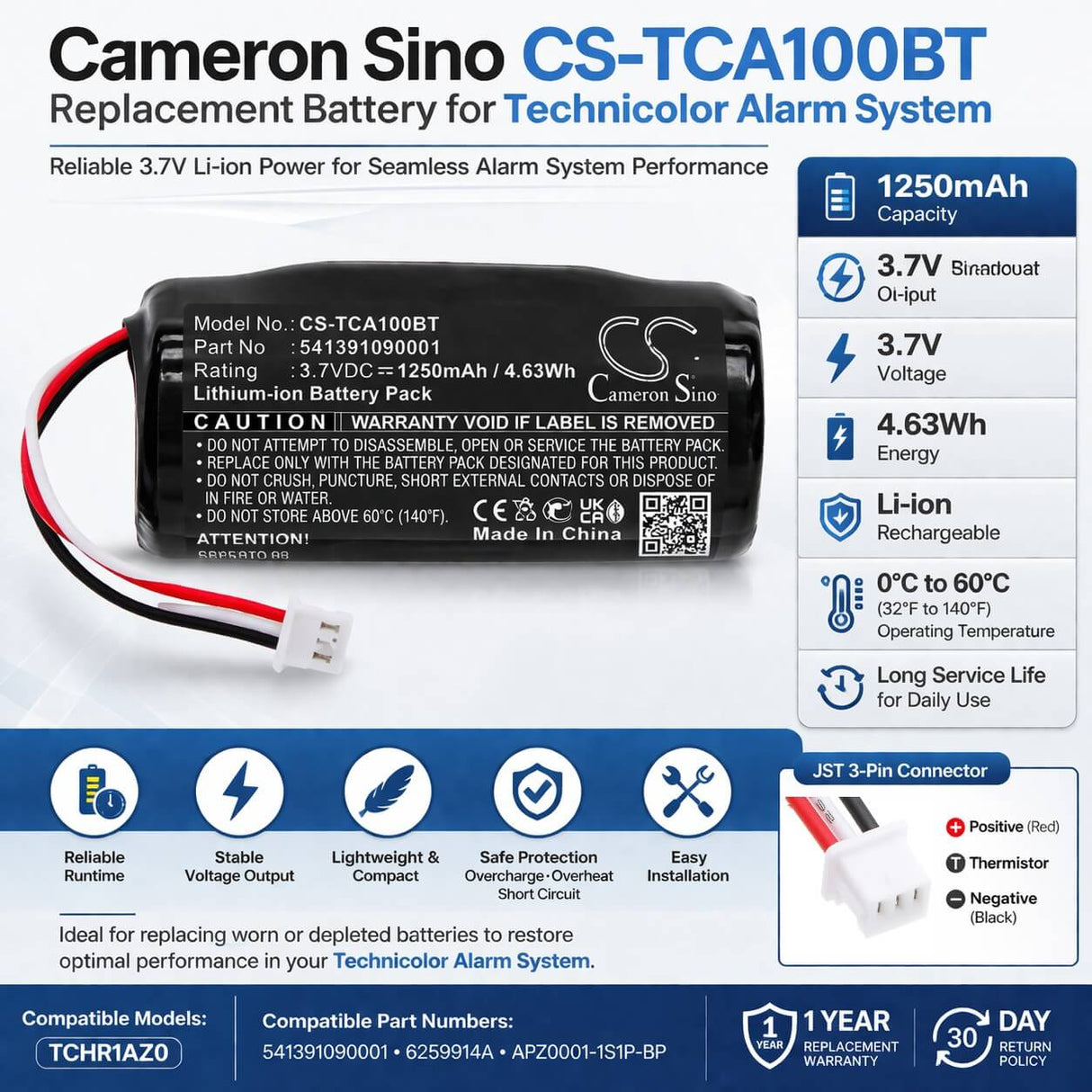 3.7V, Li-ion, 1250mAh, Alarm System battery fits Technicolor, 541391090001, TCHR1AZ0, 4.63Wh Alarm System Cameron Sino Technology Limited