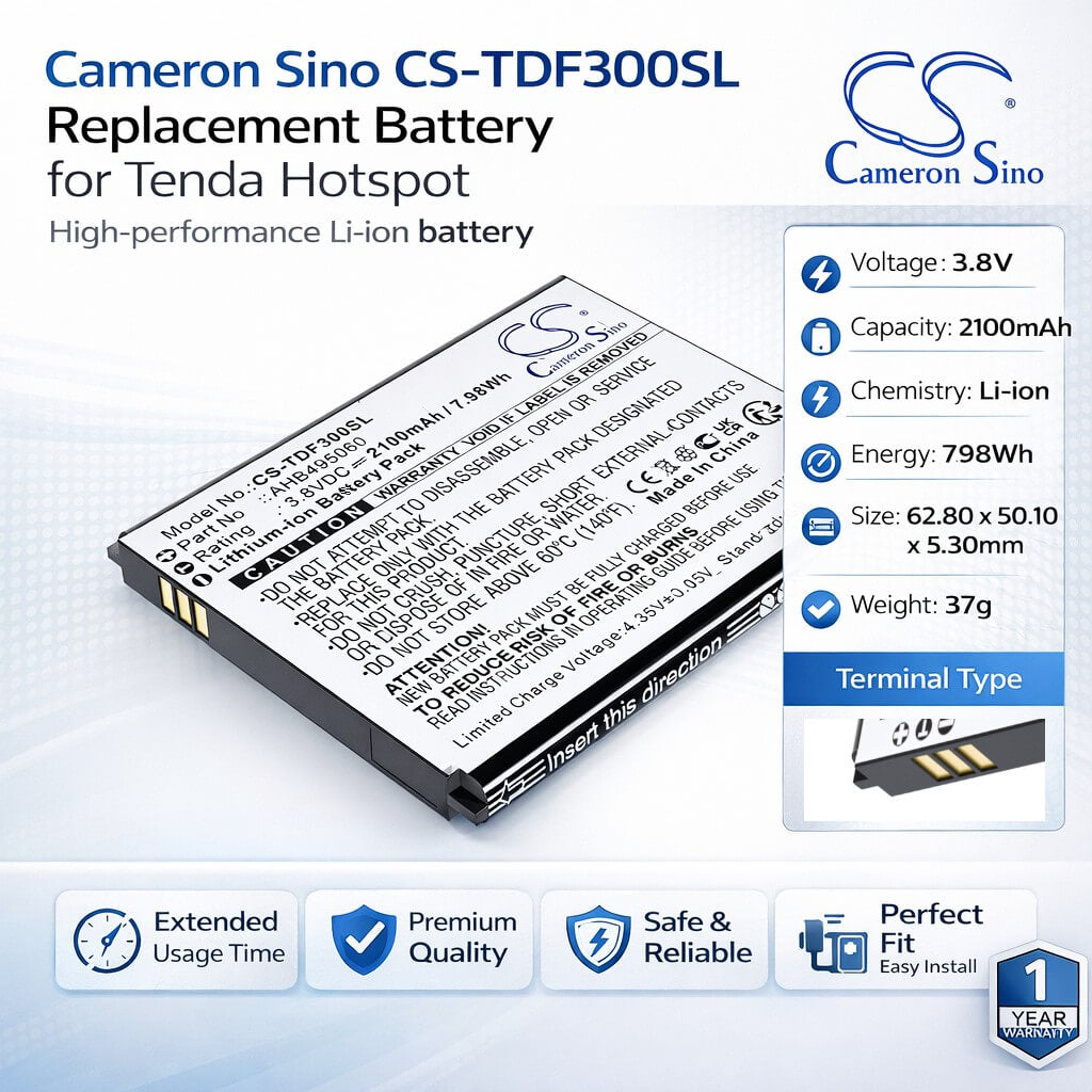 3.8V, Li-ion, 2100mAh, Hotspot battery fits Tenda, AHB495060, 4G180. 4G LTE, 4G185, 7.98Wh Hotspot Cameron Sino Technology Limited