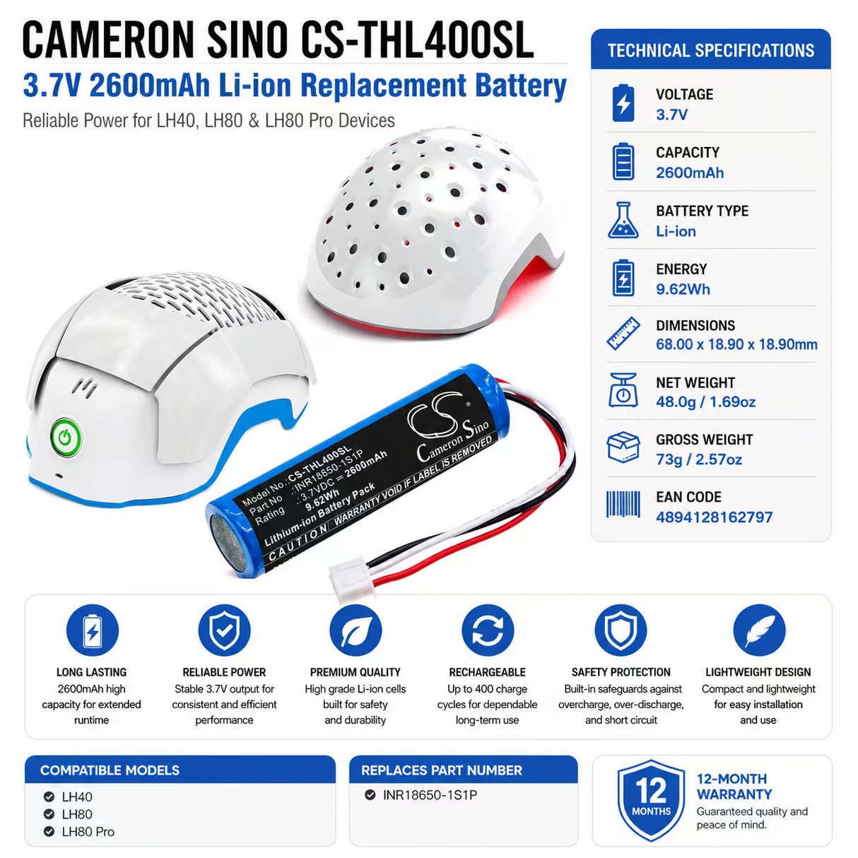 2600mAh Personal Care Battery For Theradome, Lh40, Lh80, Lh80 3.7v, 9.62wh Personal Care Cameron Sino Technology Limited