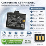7.4V, Li-ion, 1100mAh, Portable Printer battery fits TSC, TDM-BAT20, TDM-20, 8.14Wh Portable Printer Cameron Sino Technology Limited