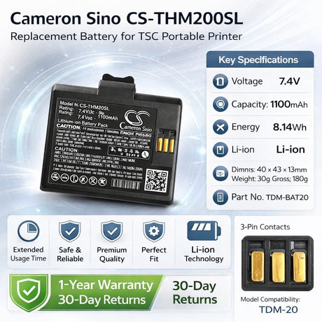7.4V, Li-ion, 1100mAh, Portable Printer battery fits TSC, TDM-BAT20, TDM-20, 8.14Wh Portable Printer Cameron Sino Technology Limited