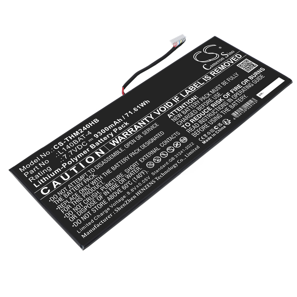 7.7V, Li-Polymer, 9300mAh, Notebook, Laptop battery fits Schenker, L140BAT-4, VIA 14, VIA 14 Late 2020, 71.61Wh Notebook, Laptop Cameron Sino Technology Limited