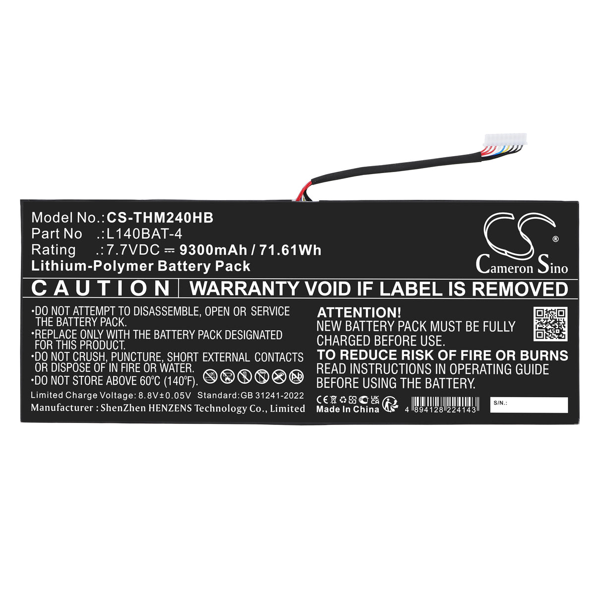 7.7V, Li-Polymer, 9300mAh, Notebook, Laptop battery fits Schenker, L140BAT-4, VIA 14, VIA 14 Late 2020, 71.61Wh Notebook, Laptop Cameron Sino Technology Limited