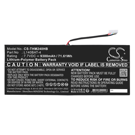 7.7V, Li-Polymer, 9300mAh, Notebook, Laptop battery fits Schenker, L140BAT-4, VIA 14, VIA 14 Late 2020, 71.61Wh Notebook, Laptop Cameron Sino Technology Limited