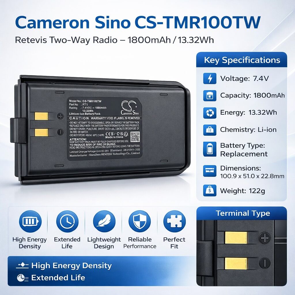 7.4V, Li-ion, 1800mAh, Two-Way Radio battery fits Retevis, RT1, RT1, 13.32Wh Two-Way Radio Cameron Sino Technology Limited