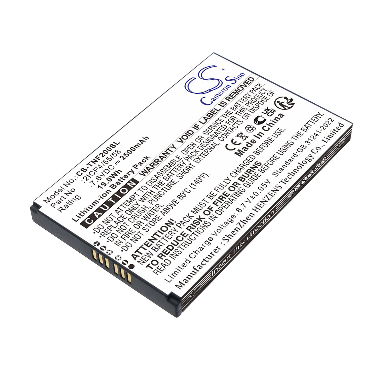 7.6V, Li-ion, 2500mAh, Payment Terminal battery fits Feitian, 2ICP4/55/58, F20, F20 Smart POS, 19Wh Payment Terminal Cameron Sino Technology Limited