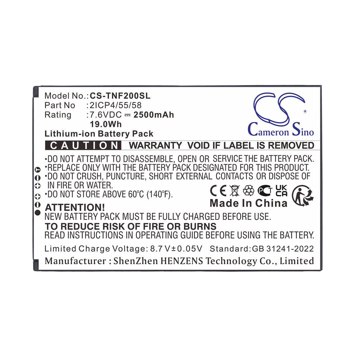 7.6V, Li-ion, 2500mAh, Payment Terminal battery fits Feitian, 2ICP4/55/58, F20, F20 Smart POS, 19Wh Payment Terminal Cameron Sino Technology Limited