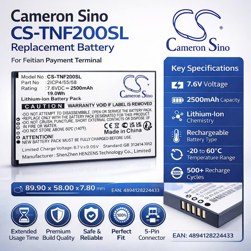 7.6V, Li-ion, 2500mAh, Payment Terminal battery fits Feitian, 2ICP4/55/58, F20, F20 Smart POS, 19Wh Payment Terminal Cameron Sino Technology Limited